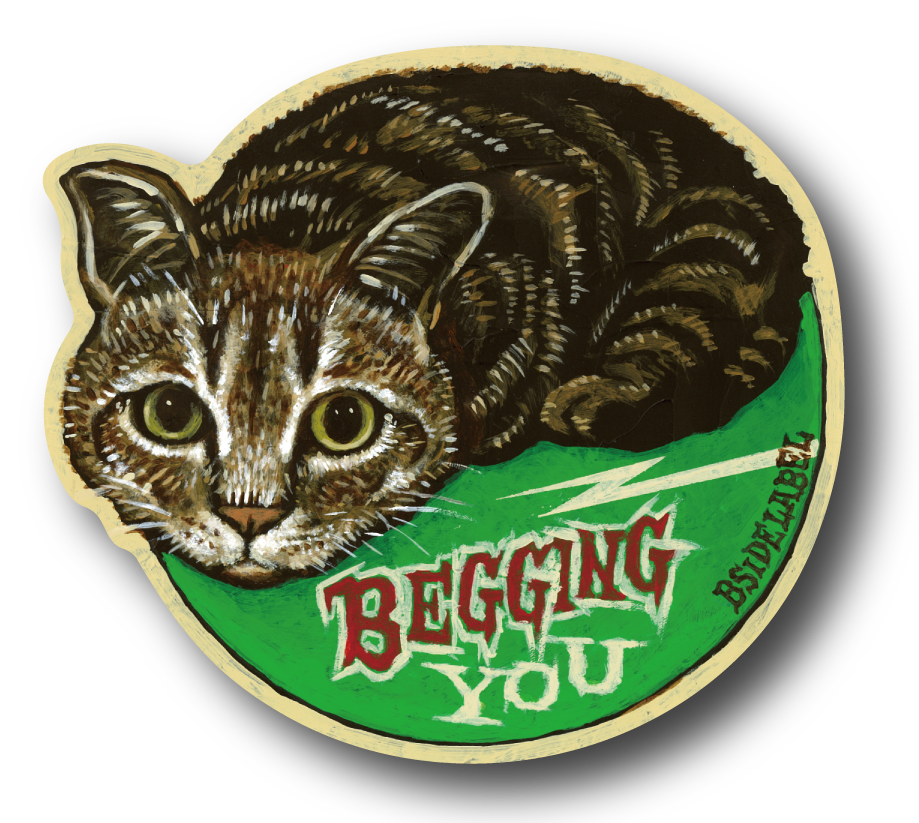 スマートフォンの裏に貼られた「BEGGING YOU」ステッカーの使用イメージ